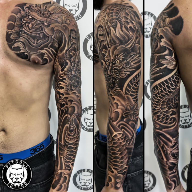 PITBULL TATTOO Phuket Thailand | ⚔️Warrior Session⚔️- Beautiful Full Arm  Sleeve and Half Chest in black and grey realistic style DONE in 2 DAYS by 3  ARTISTS AT TH... | Instagram